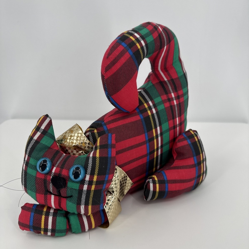 Vintage Handmade Plaid Stuffed Fabric Cat Weighted Bed Decor Door Stop Farmhouse